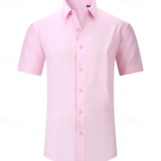 Online OUKU Men's Shirt Dress Shirt Button Up Shirt Solid Color Wedding Party Black White Pink Wine Short Sleeve Lapel Summer Clothing Apparel Buttons