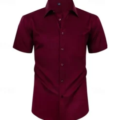 Online OUKU Men's Shirt Dress Shirt Button Up Shirt Solid Color Wedding Party Black White Pink Wine Short Sleeve Lapel Summer Clothing Apparel Buttons