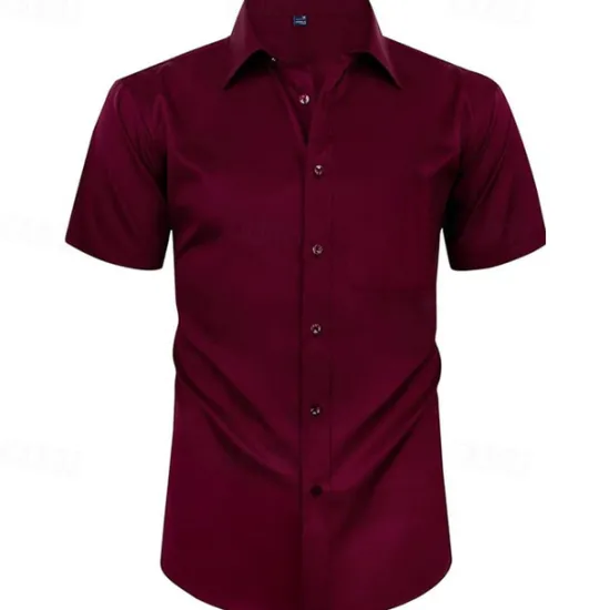 Online OUKU Men's Shirt Dress Shirt Button Up Shirt Solid Color Wedding Party Black White Pink Wine Short Sleeve Lapel Summer Clothing Apparel Buttons