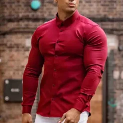 Online OUKU Men's Shirt Dress Shirt Button Up Shirt Plain Wedding Party Black White Red Navy Blue Long Sleeve Lapel Spring & Fall Clothing Apparel