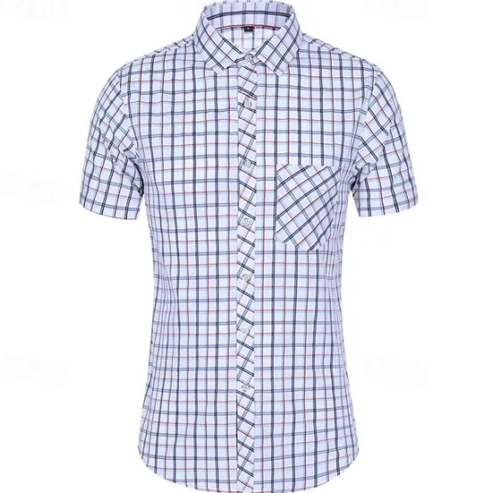 Online OUKU Men's Shirt Dress Shirt Button Up Shirt Plaid Party Work Yellow Red Blue Short Sleeve Lapel Summer Clothing Apparel Front Pocket