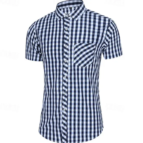 Online OUKU Men's Shirt Dress Shirt Button Up Shirt Plaid Party Work Yellow Red Blue Short Sleeve Lapel Summer Clothing Apparel Front Pocket