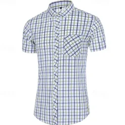 Online OUKU Men's Shirt Dress Shirt Button Up Shirt Plaid Party Work Yellow Red Blue Short Sleeve Lapel Summer Clothing Apparel Front Pocket