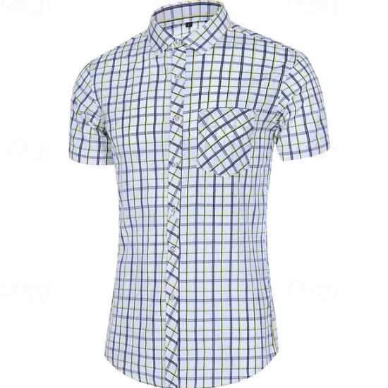 Online OUKU Men's Shirt Dress Shirt Button Up Shirt Plaid Party Work Yellow Red Blue Short Sleeve Lapel Summer Clothing Apparel Front Pocket