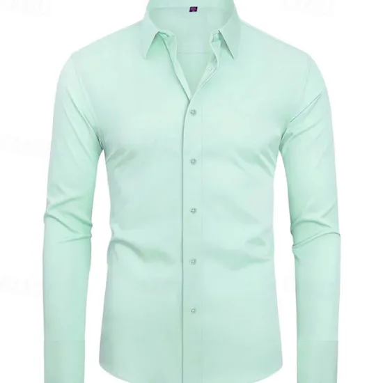 Clearance OUKU Men's Shirt Dress Shirt Button Up Shirt Plain Wedding Party Black White Light Green Pink Long Sleeve Lapel Spring & Fall Clothing Apparel