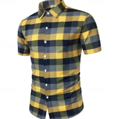 Online OUKU Men's Shirt Dress Shirt Button Up Shirt Plaid Wedding Party Short Sleeve Lapel Summer Clothing Apparel Yellow