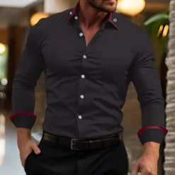 Hot OUKU Men's Shirt Dress Shirt Button Down Shirt Non Iron Shirt Color Block Office & Career Wedding Party Black White Pink Wine Long Sleeve Lapel Spring & Fall Clothing Apparel Pocket