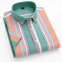 New OUKU Men's Shirt Dress Shirt Button Up Shirt Stripes Wedding Party Blue Green Light Sky Blue Short Sleeve Lapel Summer Spring Clothing Apparel Pocket