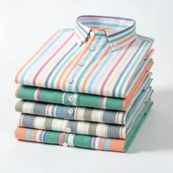 New OUKU Men's Shirt Dress Shirt Button Up Shirt Stripes Wedding Party Blue Green Light Sky Blue Short Sleeve Lapel Summer Spring Clothing Apparel Pocket