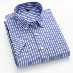 New OUKU Men's Shirt Dress Shirt Button Up Shirt Stripes Wedding Party Blue Green Light Sky Blue Short Sleeve Lapel Summer Spring Clothing Apparel Pocket