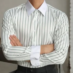 Hot OUKU Men's Shirt Dress Shirt Button Up Shirt Stripe Wedding Party Black White Light Green Blue Long Sleeve Lapel Spring & Fall Clothing Apparel