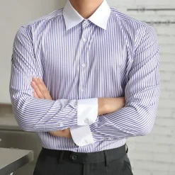 Hot OUKU Men's Shirt Dress Shirt Button Up Shirt Stripe Wedding Party Black White Light Green Blue Long Sleeve Lapel Spring & Fall Clothing Apparel