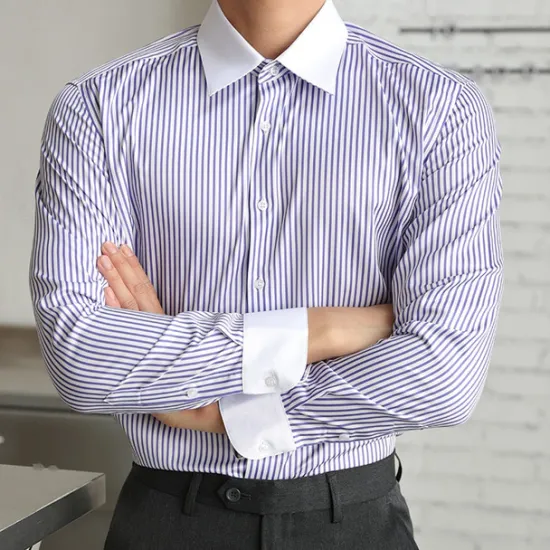 Hot OUKU Men's Shirt Dress Shirt Button Up Shirt Stripe Wedding Party Black White Light Green Blue Long Sleeve Lapel Spring & Fall Clothing Apparel