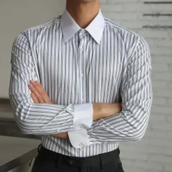 Hot OUKU Men's Shirt Dress Shirt Button Up Shirt Stripe Wedding Party Black White Light Green Blue Long Sleeve Lapel Spring & Fall Clothing Apparel