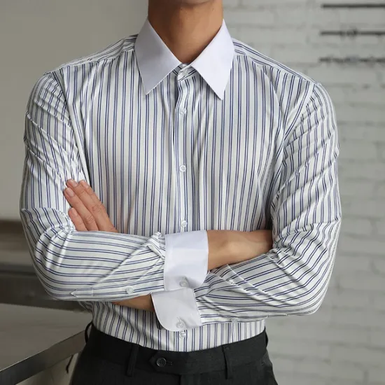 Hot OUKU Men's Shirt Dress Shirt Button Up Shirt Stripe Wedding Party Black White Light Green Blue Long Sleeve Lapel Spring & Fall Clothing Apparel
