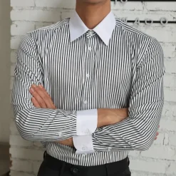 Hot OUKU Men's Shirt Dress Shirt Button Up Shirt Stripe Wedding Party Black White Light Green Blue Long Sleeve Lapel Spring & Fall Clothing Apparel