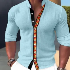 Sale OUKU Men's Shirt Dress Shirt Geometry Outdoor Casual Navy Blue Blue Orange Green Long Sleeve Stand Collar Summer Spring Clothing Apparel Print