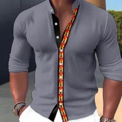 Sale OUKU Men's Shirt Dress Shirt Geometry Outdoor Casual Navy Blue Blue Orange Green Long Sleeve Stand Collar Summer Spring Clothing Apparel Print