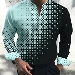 Best OUKU Men's Shirt Dress Shirt Geometric Pattern Outdoor Casual White Pink Blue Green Long Sleeve V Neck Summer Fall Clothing Apparel Print