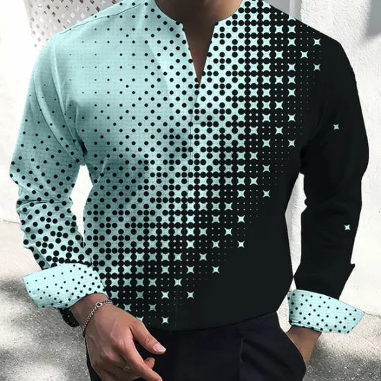Best OUKU Men's Shirt Dress Shirt Geometric Pattern Outdoor Casual White Pink Blue Green Long Sleeve V Neck Summer Fall Clothing Apparel Print