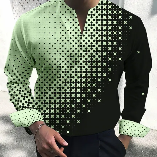 Best OUKU Men's Shirt Dress Shirt Geometric Pattern Outdoor Casual White Pink Blue Green Long Sleeve V Neck Summer Fall Clothing Apparel Print