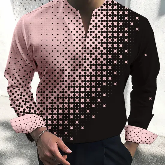 Best OUKU Men's Shirt Dress Shirt Geometric Pattern Outdoor Casual White Pink Blue Green Long Sleeve V Neck Summer Fall Clothing Apparel Print
