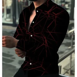 Best OUKU Men's Shirt Dress Shirt Geometric Pattern Outdoor Casual Red Blue Purple Green Long Sleeve Turndown Summer Spring Clothing Apparel Print