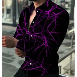 Best OUKU Men's Shirt Dress Shirt Geometric Pattern Outdoor Casual Red Blue Purple Green Long Sleeve Turndown Summer Spring Clothing Apparel Print