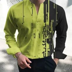 Best OUKU Men's Shirt Dress Shirt Geometric Pattern Outdoor Casual White Green Long Sleeve V Neck Summer Fall Clothing Apparel Print