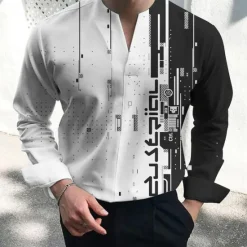 Best OUKU Men's Shirt Dress Shirt Geometric Pattern Outdoor Casual White Green Long Sleeve V Neck Summer Fall Clothing Apparel Print