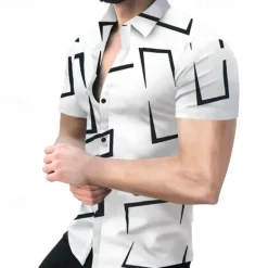 OUKU Men's Shirt Dress Shirt Geometric Pattern Outdoor Casual Black White Yellow Red Short Sleeve Cuban Collar Summer Spring Clothing Apparel Print