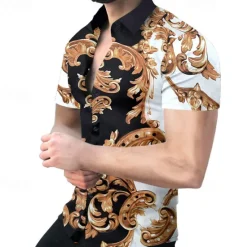 OUKU Men's Shirt Dress Shirt Geometric Pattern Outdoor Casual Black White Yellow Red Short Sleeve Cuban Collar Summer Spring Clothing Apparel Print