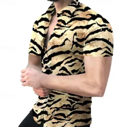 OUKU Men's Shirt Dress Shirt Geometric Pattern Outdoor Casual Black White Yellow Red Short Sleeve Cuban Collar Summer Spring Clothing Apparel Print