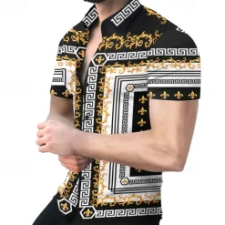 OUKU Men's Shirt Dress Shirt Geometric Pattern Outdoor Casual Black White Yellow Red Short Sleeve Cuban Collar Summer Spring Clothing Apparel Print