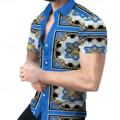 OUKU Men's Shirt Dress Shirt Geometric Pattern Outdoor Casual Black White Yellow Red Short Sleeve Cuban Collar Summer Spring Clothing Apparel Print