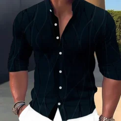 Best OUKU Men's Shirt Dress Shirt Geometric Pattern Outdoor Casual Black White Dark Green Brown Long Sleeve Stand Collar Summer Spring Clothing Apparel Print