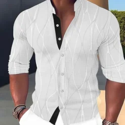 Best OUKU Men's Shirt Dress Shirt Geometric Pattern Outdoor Casual Black White Dark Green Brown Long Sleeve Stand Collar Summer Spring Clothing Apparel Print