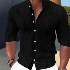 Best OUKU Men's Shirt Dress Shirt Geometric Pattern Outdoor Casual Black White Dark Green Brown Long Sleeve Stand Collar Summer Spring Clothing Apparel Print