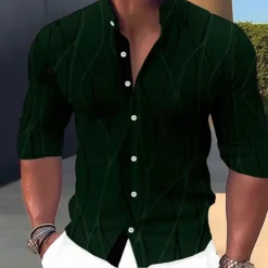 Best OUKU Men's Shirt Dress Shirt Geometric Pattern Outdoor Casual Black White Dark Green Brown Long Sleeve Stand Collar Summer Spring Clothing Apparel Print