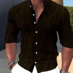 Best OUKU Men's Shirt Dress Shirt Geometric Pattern Outdoor Casual Black White Dark Green Brown Long Sleeve Stand Collar Summer Spring Clothing Apparel Print
