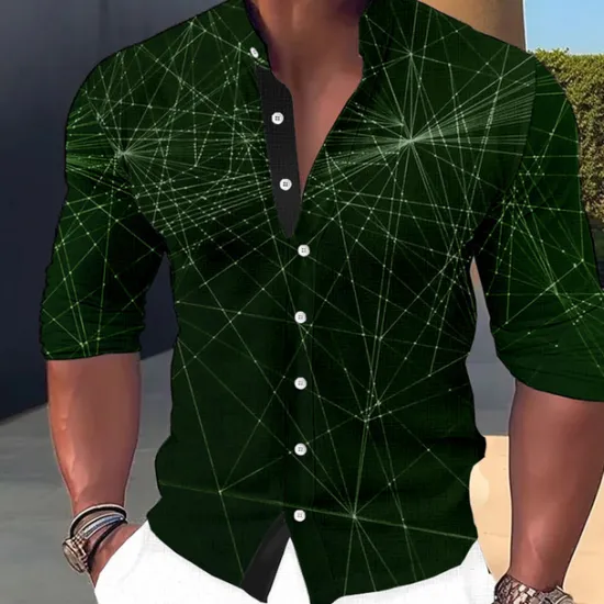 Sale OUKU Men's Shirt Dress Shirt Geometric Pattern Outdoor Casual Blue-Green Blue Brown Green Long Sleeve Stand Collar Summer Spring Clothing Apparel Print