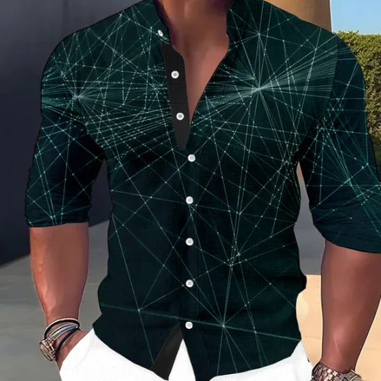 Sale OUKU Men's Shirt Dress Shirt Geometric Pattern Outdoor Casual Blue-Green Blue Brown Green Long Sleeve Stand Collar Summer Spring Clothing Apparel Print