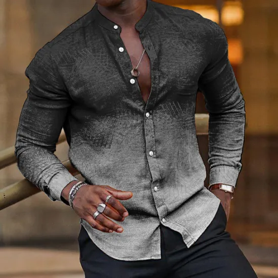 Best OUKU Men's Shirt Dress Shirt Gradient Outdoor Casual Blue Fuchsia Green Khaki Long Sleeve Stand Collar Summer Spring Clothing Apparel Print