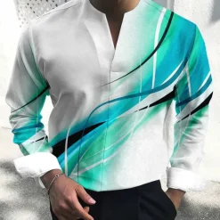 Hot OUKU Men's Shirt Dress Shirt Gradient Outdoor Casual Blue-Green Red Blue Orange Long Sleeve V Neck Summer Fall Clothing Apparel Print