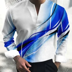 Hot OUKU Men's Shirt Dress Shirt Gradient Outdoor Casual Blue-Green Red Blue Orange Long Sleeve V Neck Summer Fall Clothing Apparel Print