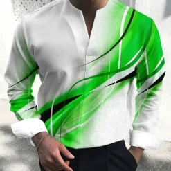 Hot OUKU Men's Shirt Dress Shirt Gradient Outdoor Casual Blue-Green Red Blue Orange Long Sleeve V Neck Summer Fall Clothing Apparel Print