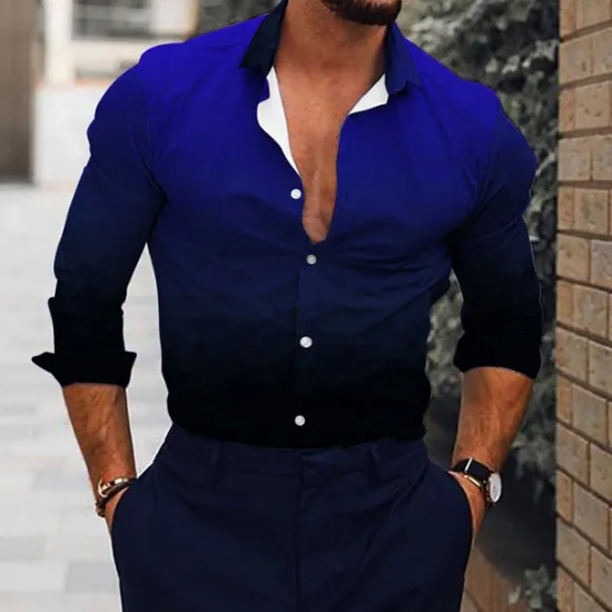 Outlet OUKU Men's Shirt Dress Shirt Gradient Outdoor Casual Blue Purple Brown Green Long Sleeve Turndown Summer Spring Clothing Apparel Print