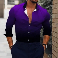 Outlet OUKU Men's Shirt Dress Shirt Gradient Outdoor Casual Blue Purple Brown Green Long Sleeve Turndown Summer Spring Clothing Apparel Print