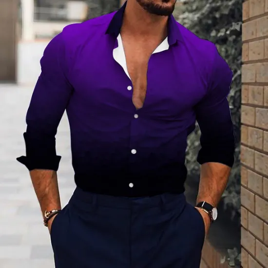 Outlet OUKU Men's Shirt Dress Shirt Gradient Outdoor Casual Blue Purple Brown Green Long Sleeve Turndown Summer Spring Clothing Apparel Print