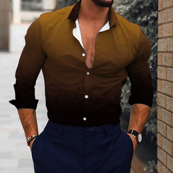 Outlet OUKU Men's Shirt Dress Shirt Gradient Outdoor Casual Blue Purple Brown Green Long Sleeve Turndown Summer Spring Clothing Apparel Print